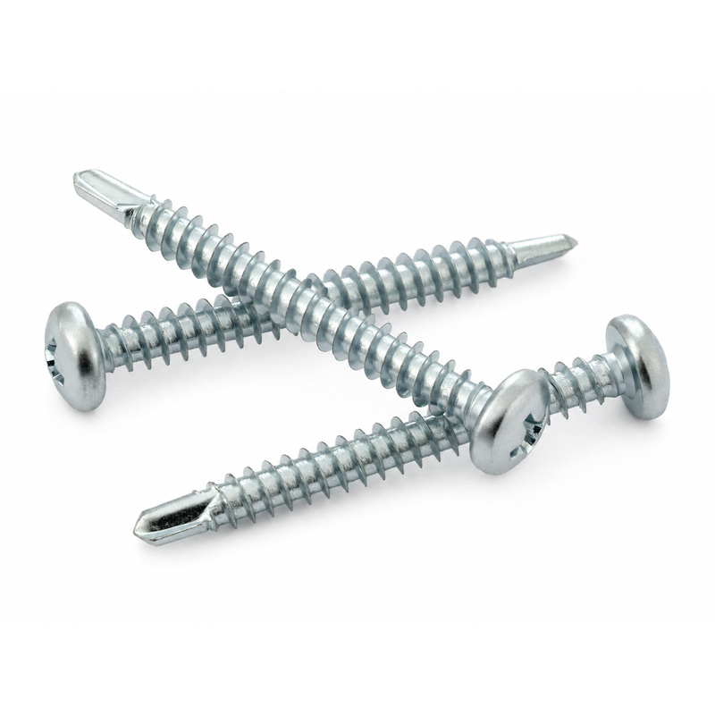 Three shiny silver wood screws with Phillips drive, arranged on a white background.